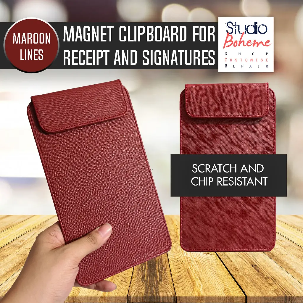 MAROON LINES MAGNET CLIPBOARD BILL HOLDER OR SIGNATURE PAD FOR RESTAURANTS AND HOTELS.webp